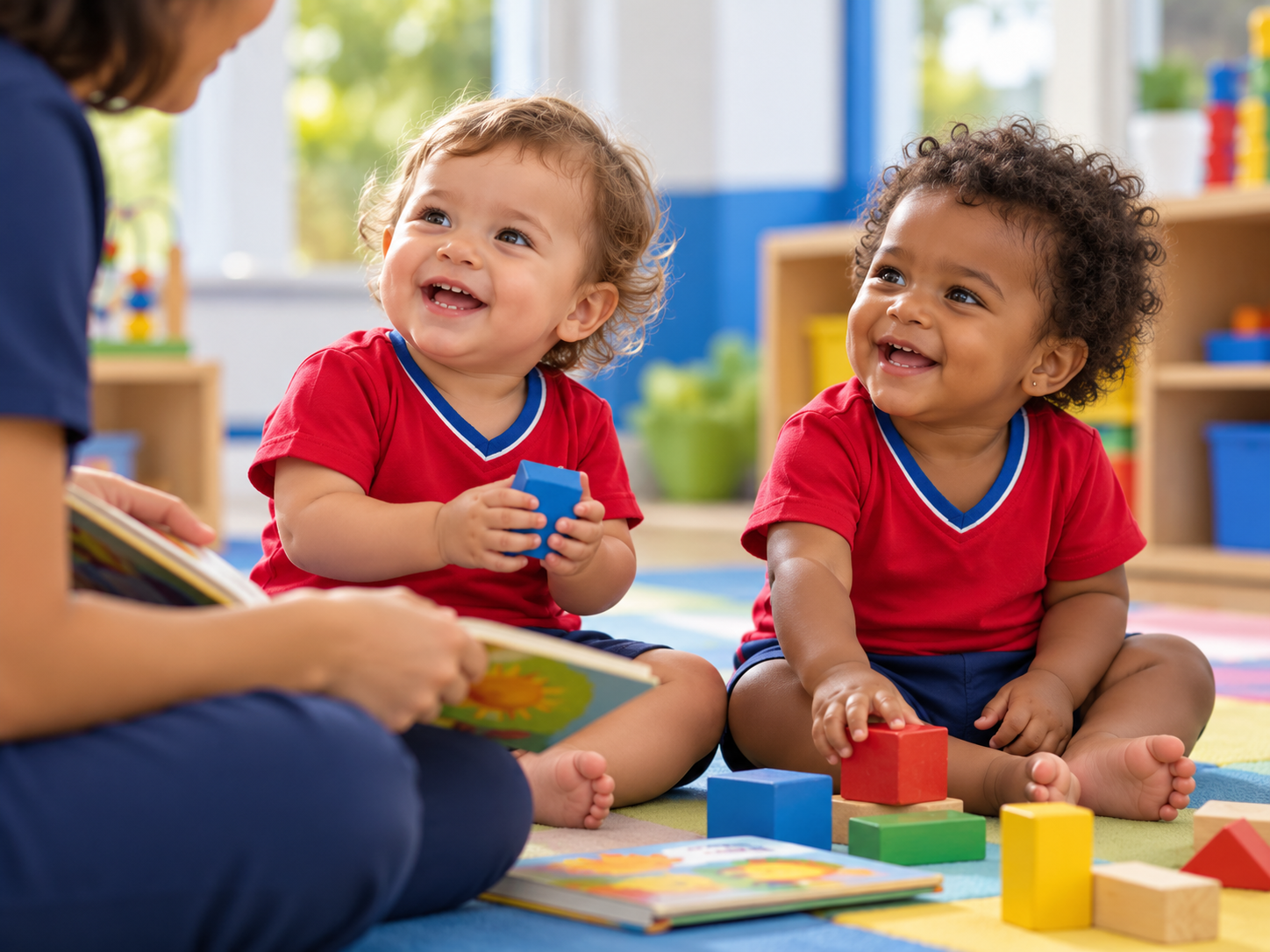 Duas crianças pequenas em uma atividade de livros e blocos com uma educadora